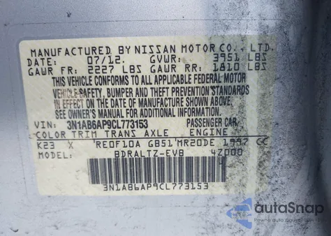 2012 Nissan Sentra 2.0 S z USA, uszkodzony, nr VIN 3N1AB6AP9CL773153